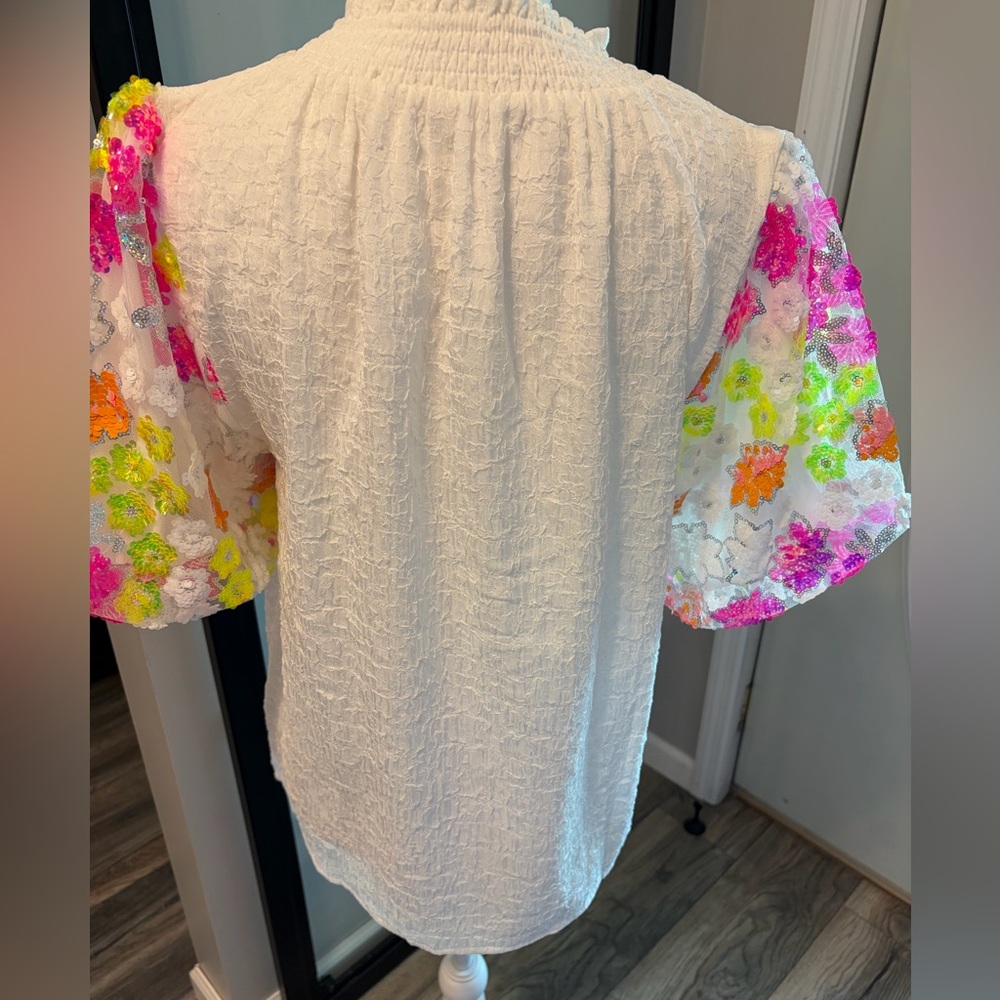 NWT…Boutique Smocked Neck Textured Top With Sequin Puff Short Sleeves - Picture 6 of 10